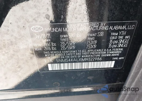 2021 Hyundai Santa Fe Limited z USA, uszkodzony, nr VIN 5NMS44ALXMH322986